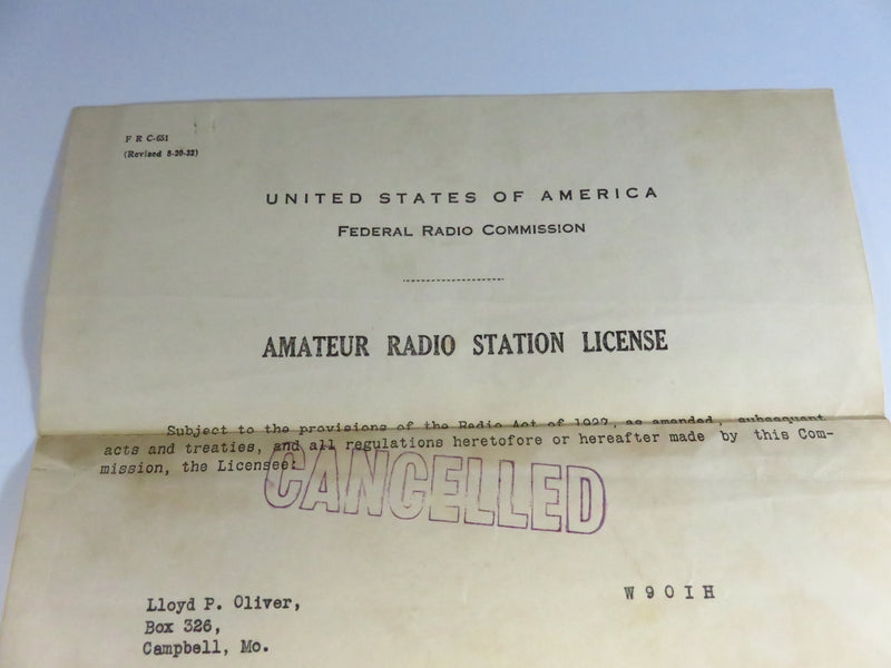 Cancelled 1933 Amateur Radio Station License FRC Facsimile Signed Herbert L Pettey