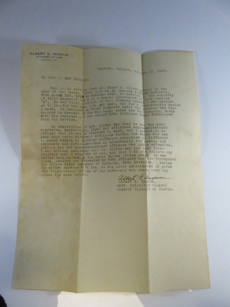 1920 Signed Albert G Ingram Asst Solicitor General WW1 Related Letter