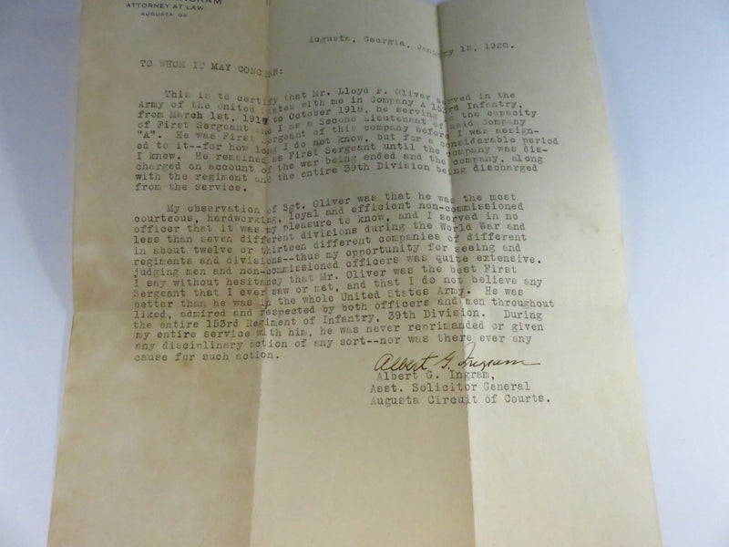 1920 Signed Albert G Ingram Asst Solicitor General WW1 Related Letter