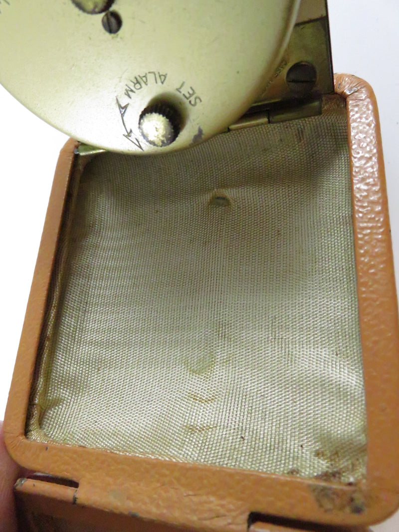 Vintage Westclox German Travel Alarm Clock in Tan Leatherette Case