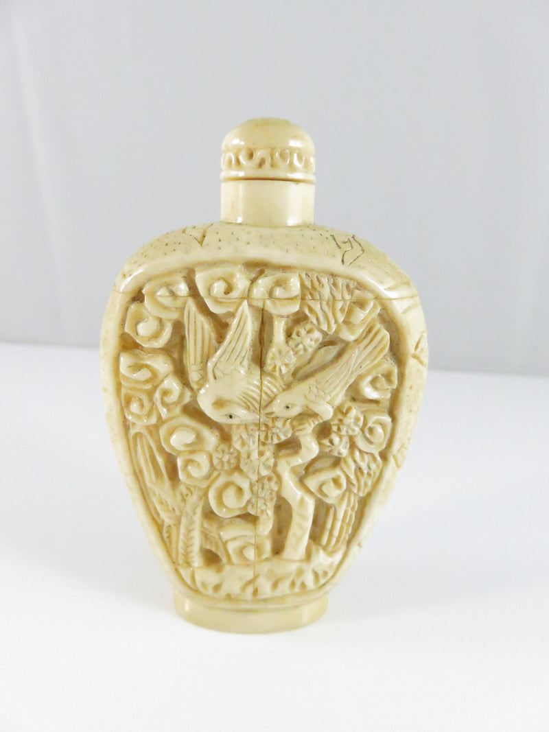 Carved Chinese Export Composite Snuff Bottle with Crane Motif Relief Panels 3 1/8 In Tall c20th Decor