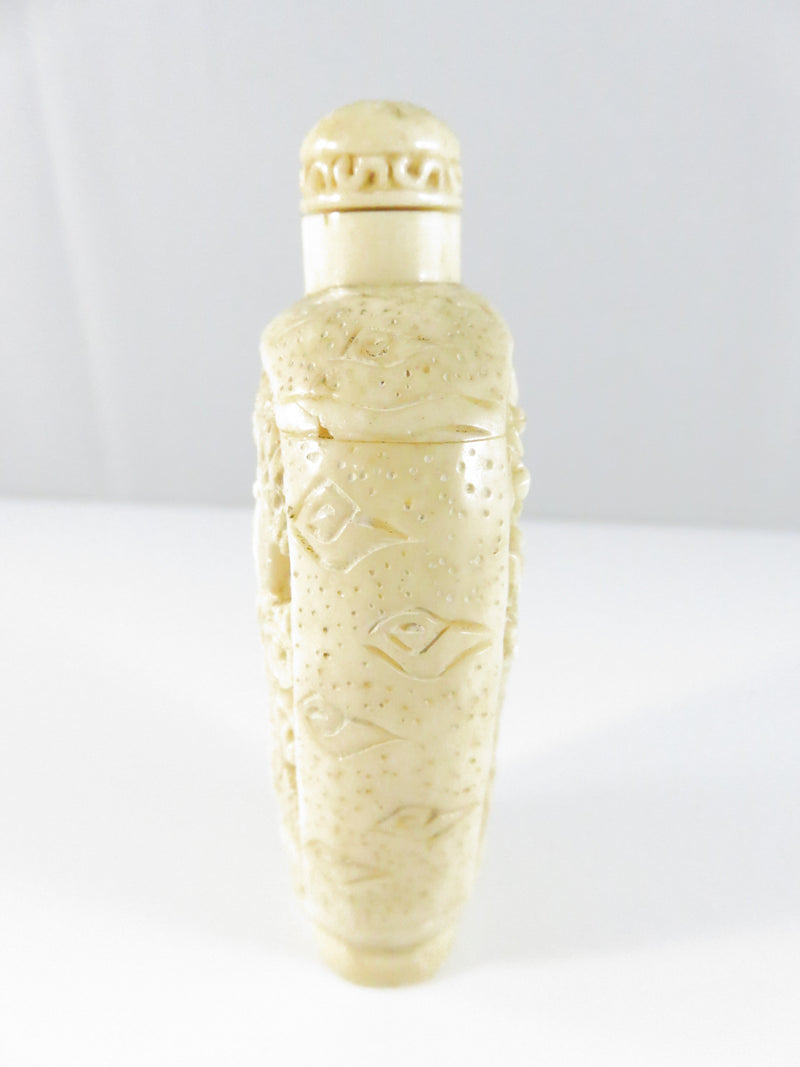 Carved Chinese Export Composite Snuff Bottle with Crane Motif Relief Panels 3 1/8 In Tall c20th Decor