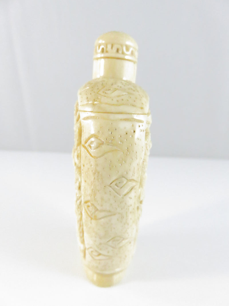 Carved Chinese Export Composite Snuff Bottle with Crane Motif Relief Panels 3 1/8 In Tall c20th Decor