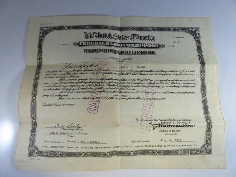 Cancelled 1933 Federal Radio Commission Radio Operator License Certificate