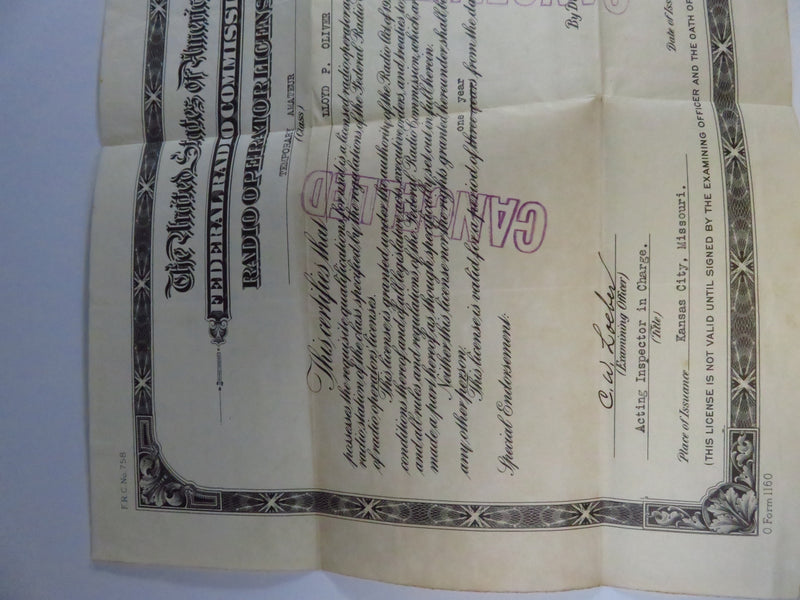 Cancelled 1933 Federal Radio Commission Radio Operator License Certificate