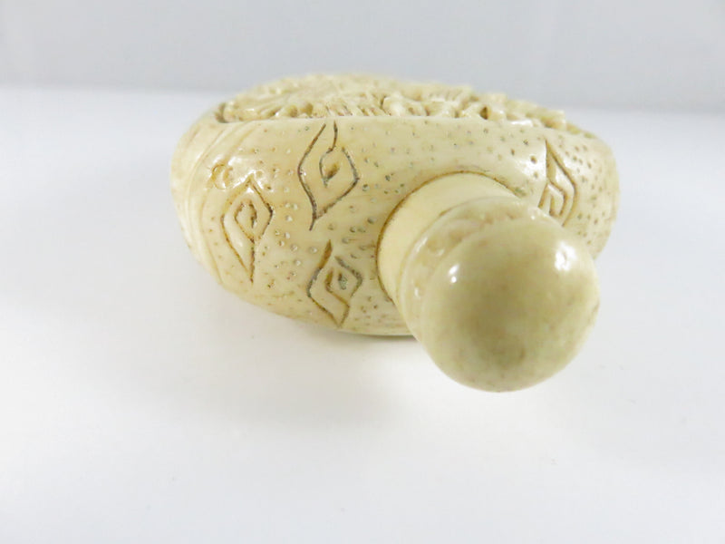 Carved Chinese Export Composite Snuff Bottle with Crane Motif Relief Panels 3 1/8 In Tall c20th Decor