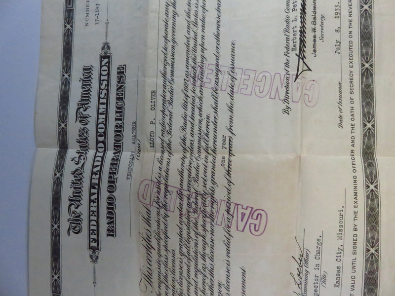 Cancelled 1933 Federal Radio Commission Radio Operator License Certificate