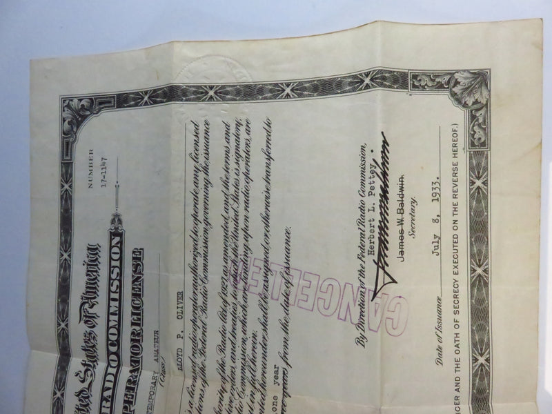 Cancelled 1933 Federal Radio Commission Radio Operator License Certificate