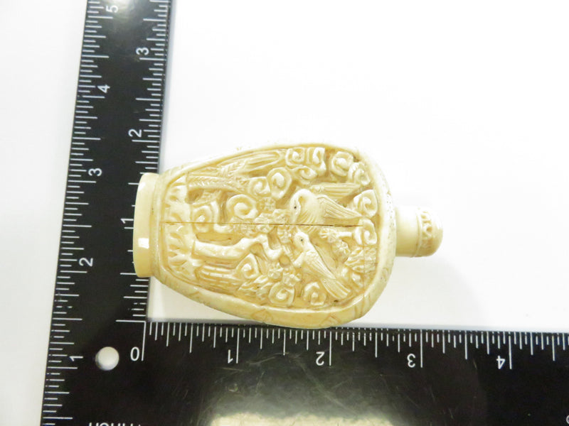 Carved Chinese Export Composite Snuff Bottle with Crane Motif Relief Panels 3 1/8 In Tall c20th Decor