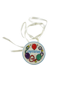 Retractable badge holder with colorful design on a white background