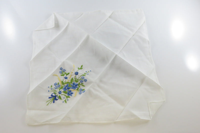 Vintage Embroidered Handkerchief Blue White Yellow Green Flowers