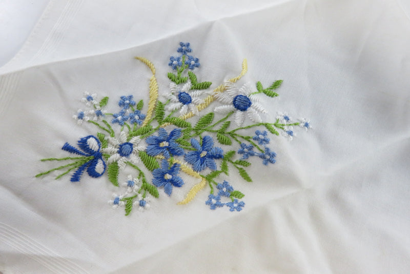 Vintage Embroidered Handkerchief Blue White Yellow Green Flowers