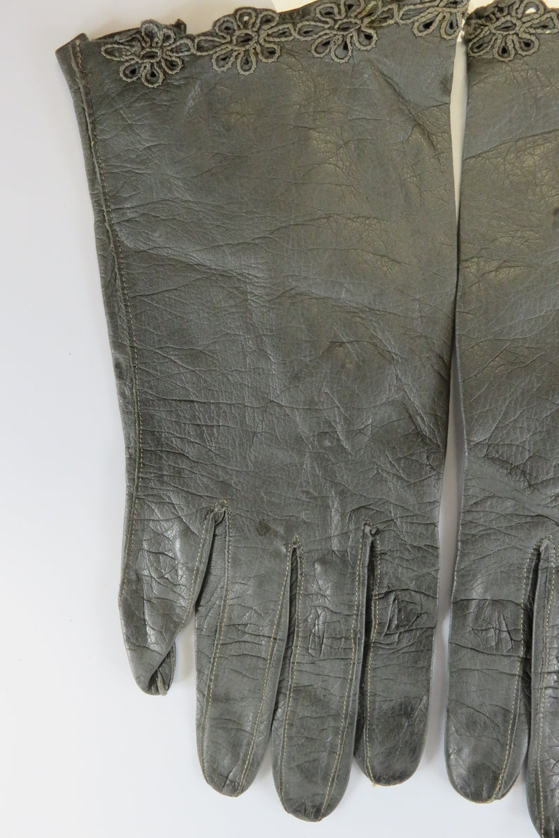 Vintage Short Day Gloves Gray Lace Flower Decorated Women's Leather Gloves