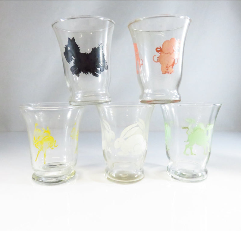 Assortment of 5 Animal Decorated Juice Glasses Approx 4 ounce