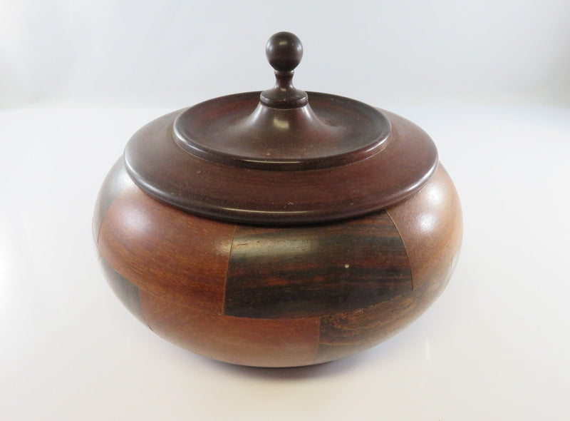 Vintage Wood Marquetry Bowl With Lid Lathe Turned Medium Size 6" x 2 3/4" OD