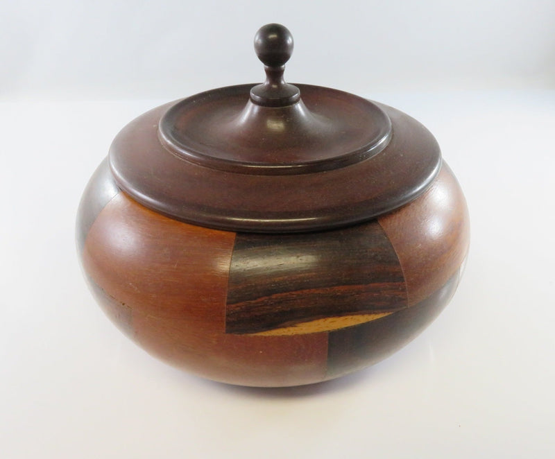 Vintage Wood Marquetry Bowl With Lid Lathe Turned Medium Size 6" x 2 3/4" OD