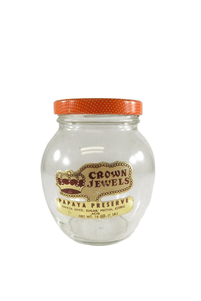 Vintage Smucker's Crown Jewels Papaya Preserve Jar AT 73 16oz — front view