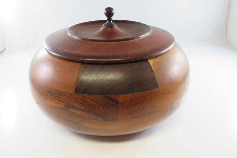 Large Vintage Wood Marquetry Bowl With Lid Lathe Turned 9" x 4" OD