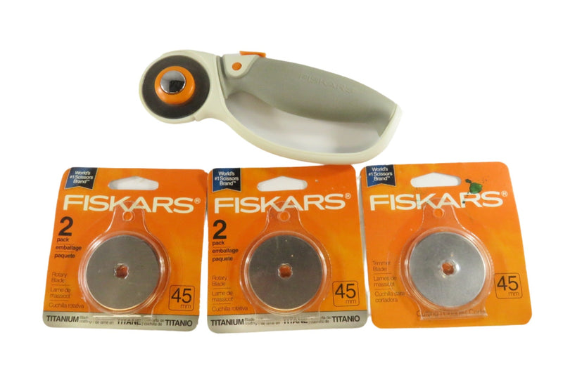 Fiskars Rotary Cutter 45mm Used + 3 Packs Cutting Blades — front view