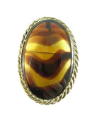 Vintage Faux Tortoise Shell Oval Glass Brooch Signed Lisa Gold Tone Statement Pin