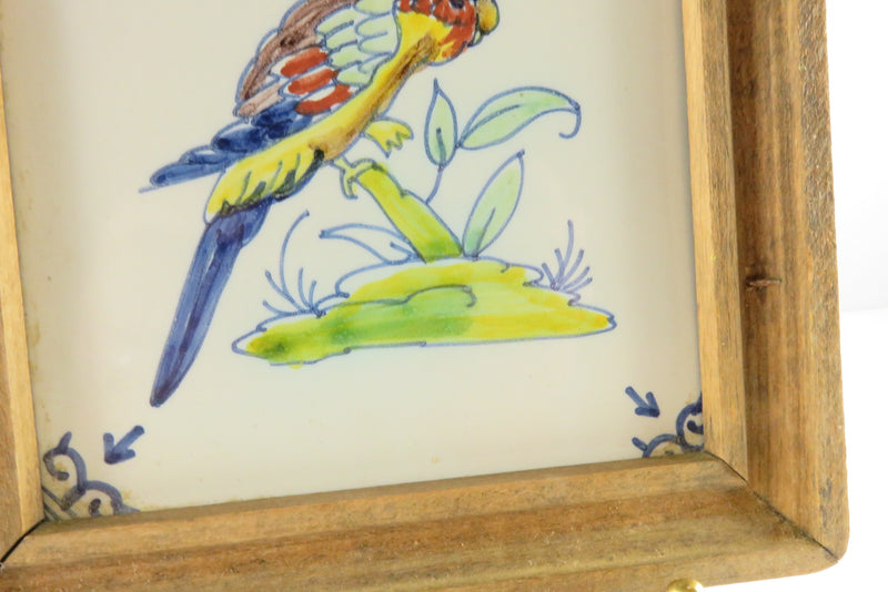 Vintage Dutch Colorful Parrot Tile Ox Head Corner Framed