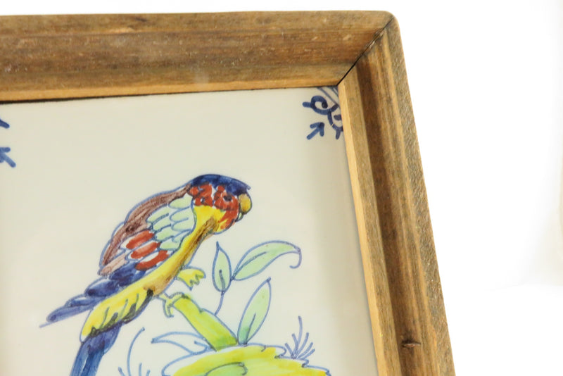 Vintage Dutch Colorful Parrot Tile Ox Head Corner Framed