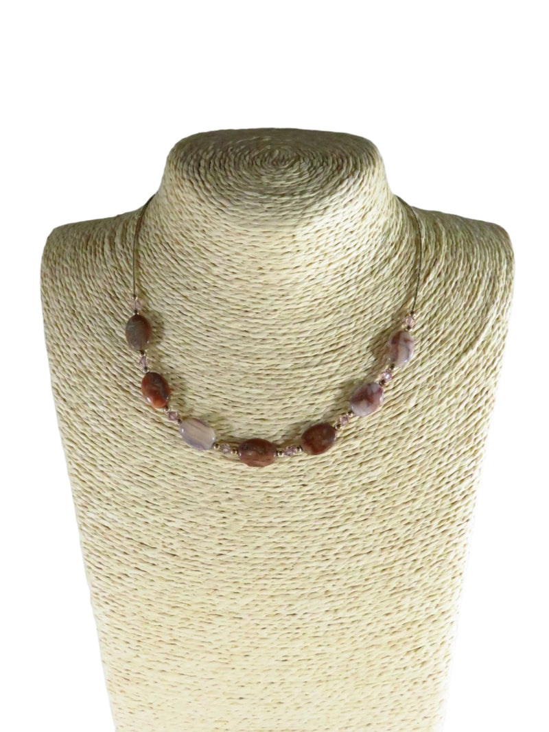 Sterling Choker Necklace Polished Stone Crystals Beads and Tubes 16" TL Adj — Sterling Silver, Silver — front view