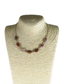 Sterling Choker Necklace Polished Stone Crystals Beads and Tubes 16" TL Adj — Sterling Silver, Silver — front view