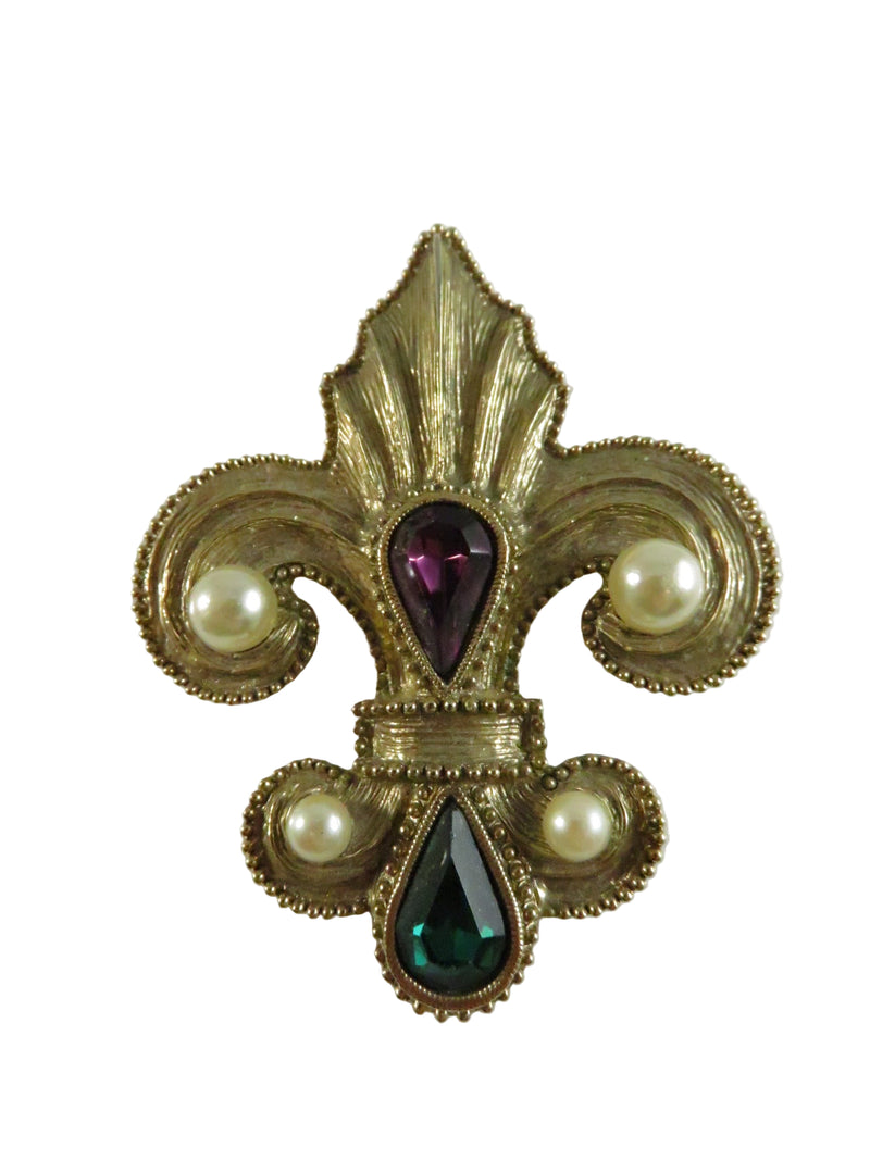 Vintage 1928 Style Gold Tone Brooch with Faux Pearls and Faceted Glass Stones