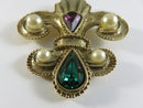 Vintage 1928 Style Gold Tone Brooch with Faux Pearls and Faceted Glass Stones