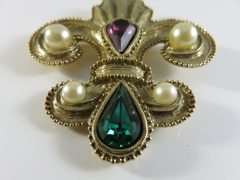 Vintage 1928 Style Gold Tone Brooch with Faux Pearls and Faceted Glass Stones