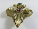 Vintage 1928 Style Gold Tone Brooch with Faux Pearls and Faceted Glass Stones