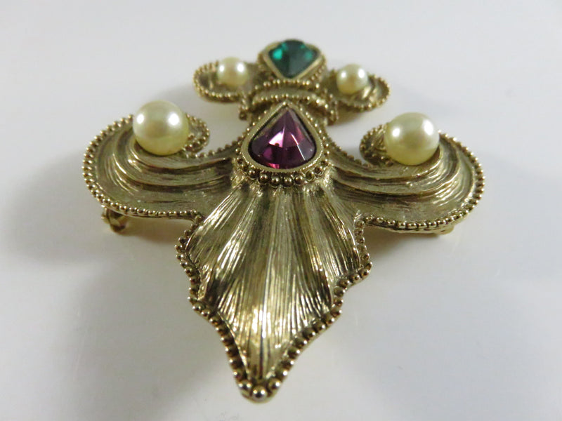 Vintage 1928 Style Gold Tone Brooch with Faux Pearls and Faceted Glass Stones