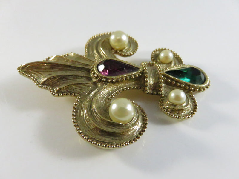Vintage 1928 Style Gold Tone Brooch with Faux Pearls and Faceted Glass Stones