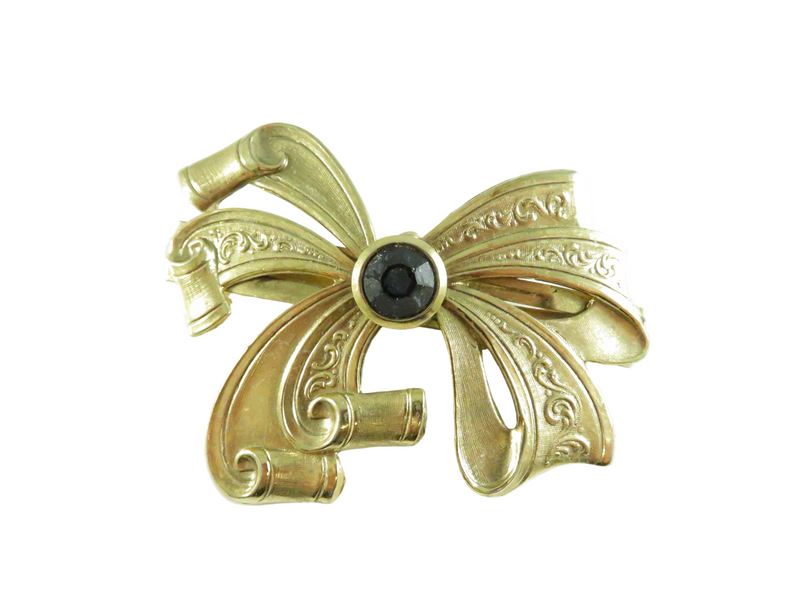 Gold Tone French Bow Hair Barrette with Black Glass Center Mid-Century