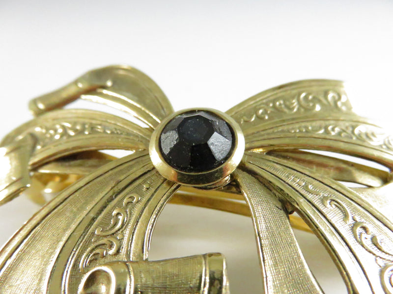 Gold Tone French Bow Hair Barrette with Black Glass Center Mid-Century