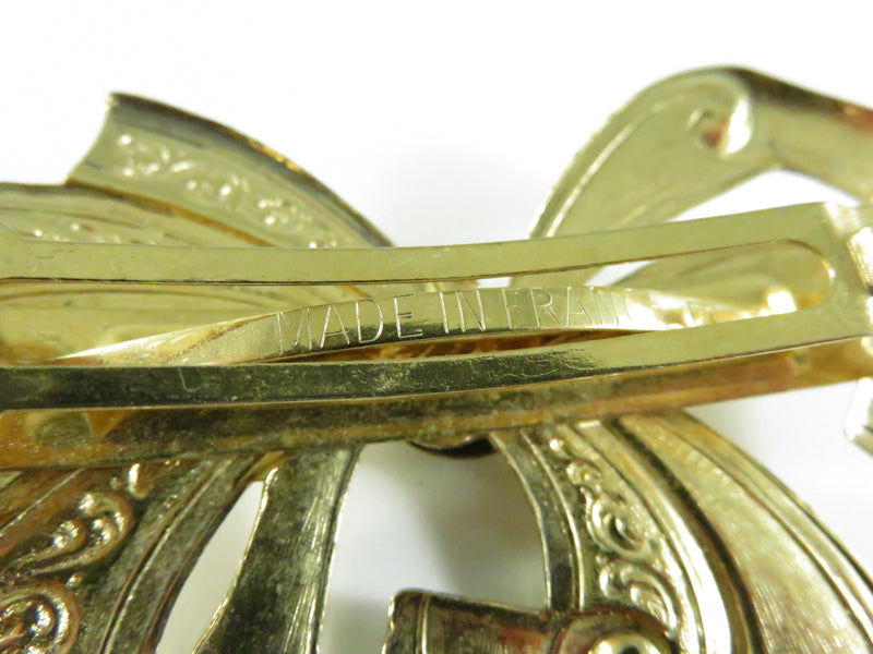 Gold Tone French Bow Hair Barrette with Black Glass Center Mid-Century