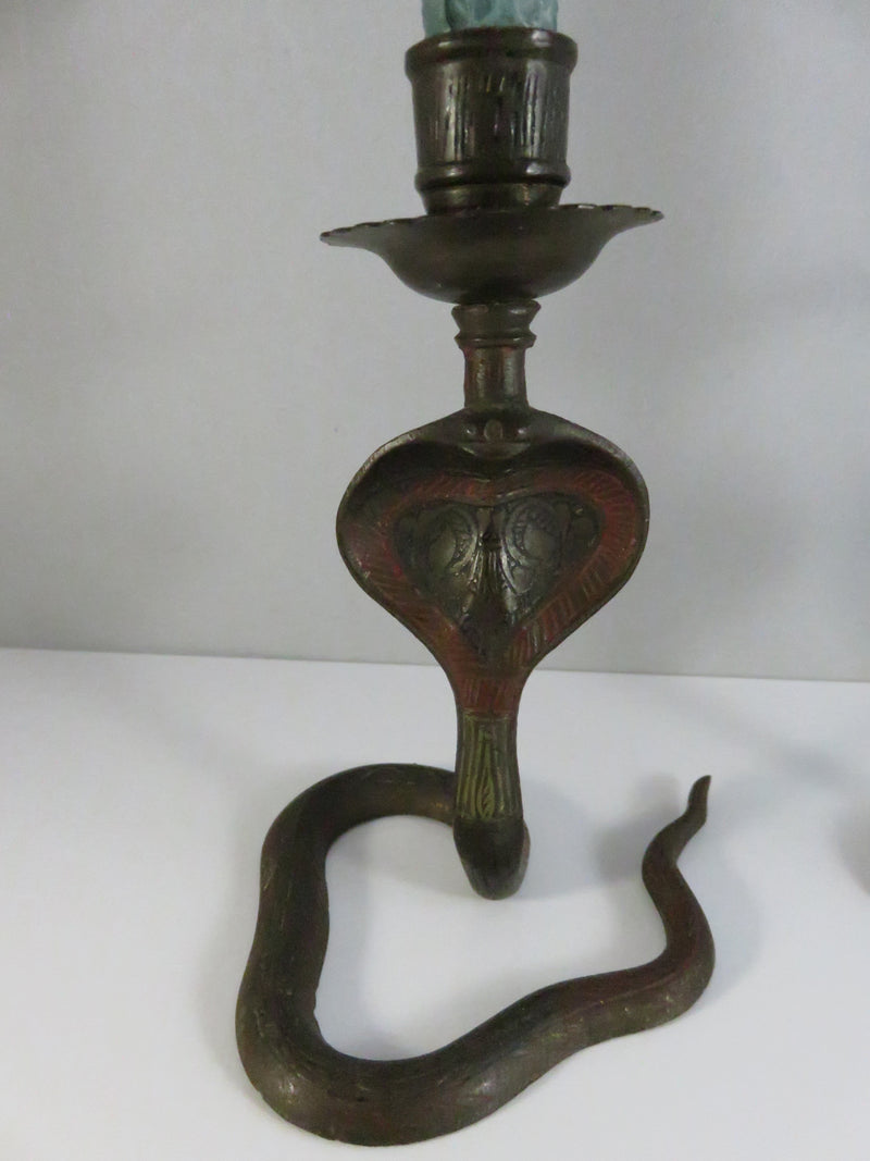 Serpent Brass Candlestick Holders Mid Century Indian Naga Form Lac Work Pair