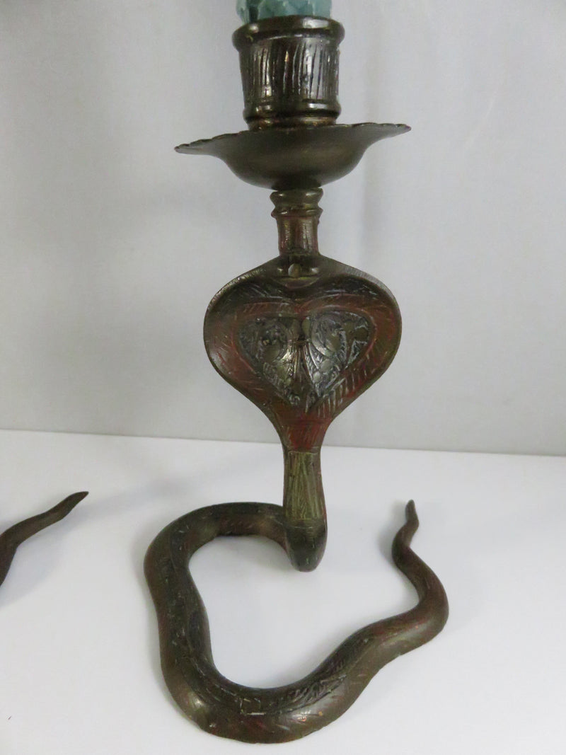 Serpent Brass Candlestick Holders Mid Century Indian Naga Form Lac Work Pair