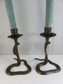 Serpent Brass Candlestick Holders Mid Century Indian Naga Form Lac Work Pair
