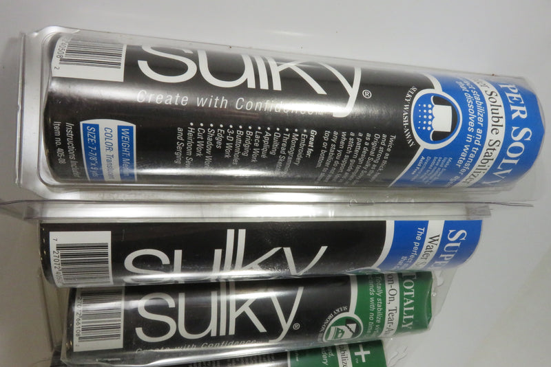 Sulky; Totally Stable, Sticky+, 2 x Super Solvy, Tender Touch & Cut-Away Plus