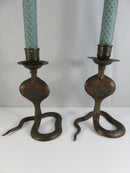 Serpent Brass Candlestick Holders Mid Century Indian Naga Form Lac Work Pair