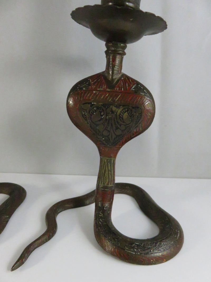 Serpent Brass Candlestick Holders Mid Century Indian Naga Form Lac Work Pair