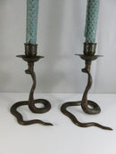 Serpent Brass Candlestick Holders Mid Century Indian Naga Form Lac Work Pair