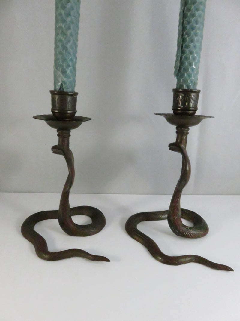 Serpent Brass Candlestick Holders Mid Century Indian Naga Form Lac Work Pair
