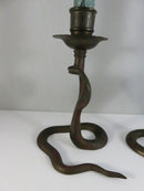 Serpent Brass Candlestick Holders Mid Century Indian Naga Form Lac Work Pair