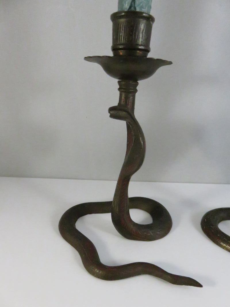 Serpent Brass Candlestick Holders Mid Century Indian Naga Form Lac Work Pair