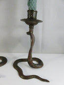 Serpent Brass Candlestick Holders Mid Century Indian Naga Form Lac Work Pair