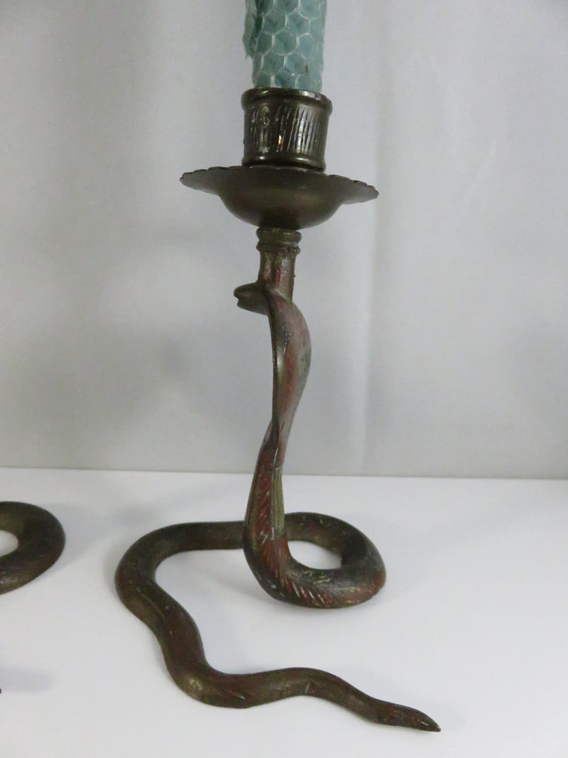 Serpent Brass Candlestick Holders Mid Century Indian Naga Form Lac Work Pair