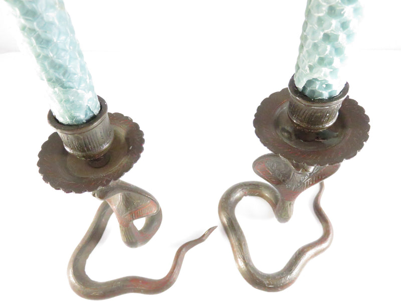 Serpent Brass Candlestick Holders Mid Century Indian Naga Form Lac Work Pair